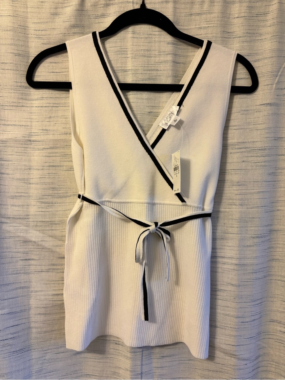LOFT White Sleeveless Wrap-Style Top with Black Trim